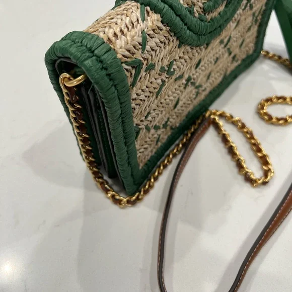 NWOT Tory Burch Fleming Soft Straw Wallet Crossbody - Arugula Green Chain Bag - Picture 4 of 12